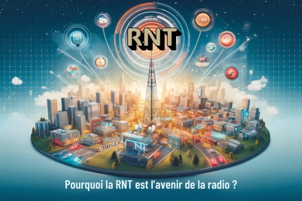 Illustration d'une ville avec une tour de transmission radio entourée d'icônes technologiques.
