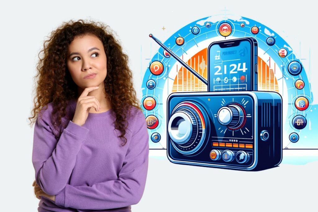 Femme pensant à la Radio Numérique Terrestre avec une illustration de radio moderne