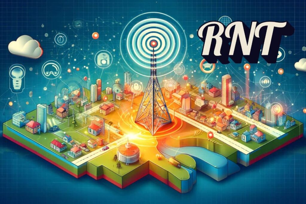 Illustration d'une ville avec une tour de transmission radio et des icônes technologiques.